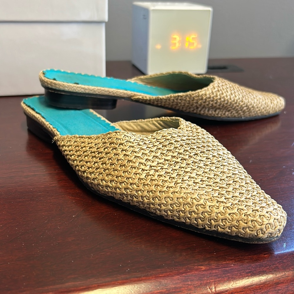 Straw fabric mules in good shape.